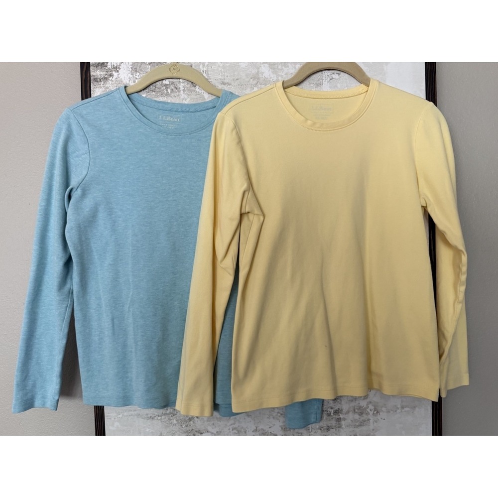 L.L. Bean Womens XS Reg 100% Cotton Long Sleeve Crewneck T-Shirts Blue & Yellow